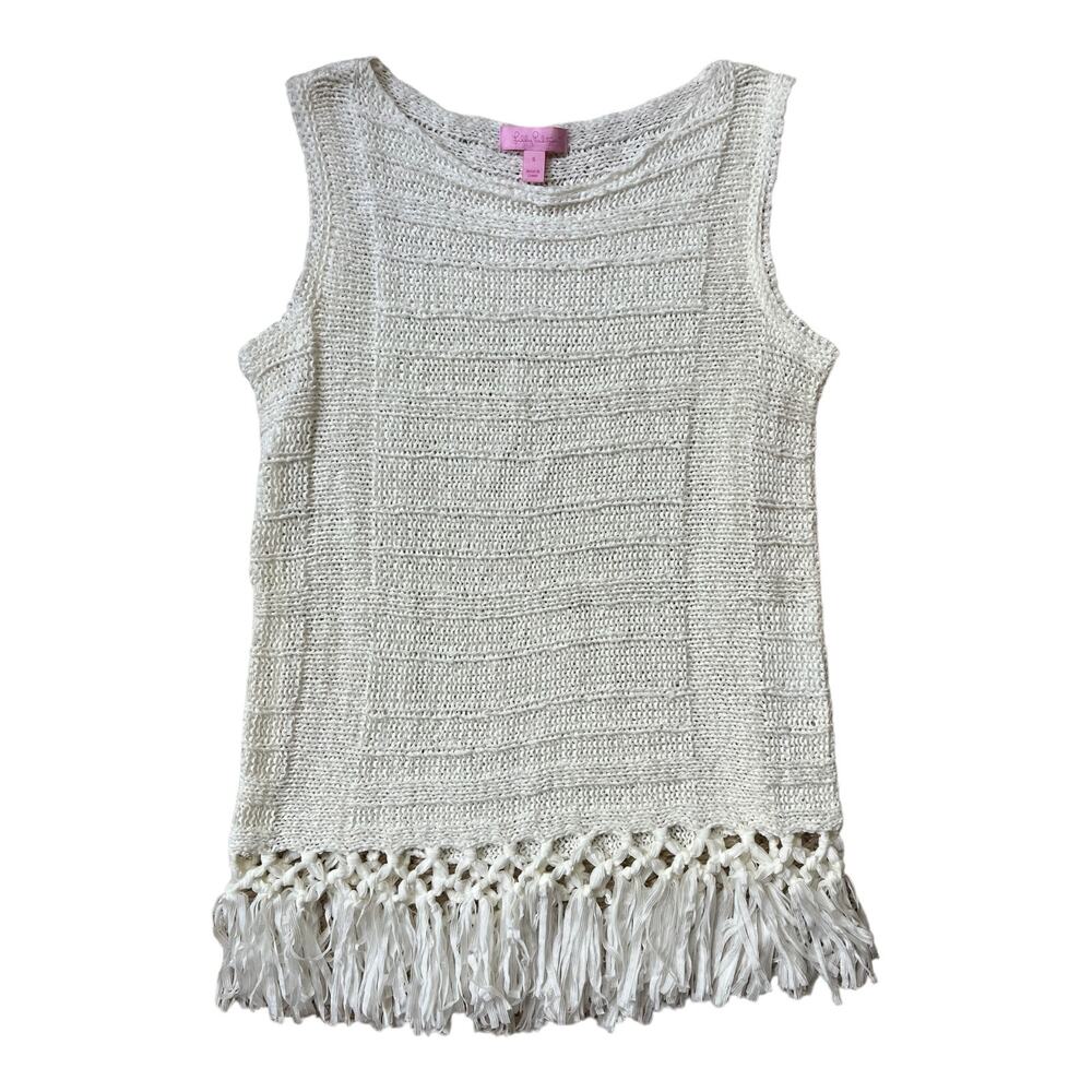 Lilly Pulitzer Luca Fringe Knit Top Sweater Sleeveless Resort White Women Small